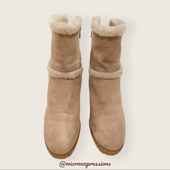 $479 Frye Jen Shearling Fur Beige/Tan Short Real Suede Heeled Zip Up AnkleBootie - Picture 9 of 16